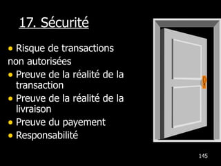 17. Sécurité Risque de transactions  non autorisées Preuve de la réalité de la transaction Preuve de la réalité de la livraison Preuve du payement Responsabilité  