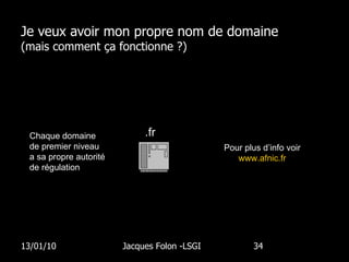 Je veux avoir mon propre nom de domaine (mais comment ça fonctionne ?) 13/01/10 Jacques Folon -LSGI  Chaque domaine de premier niveau a sa propre autorité de régulation .fr Pour plus d’info voir  www.afnic.fr   