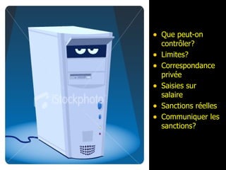 Que peut-on contrôler? Limites? Correspondance privée Saisies sur salaire Sanctions réelles  Communiquer les   sanctions? 