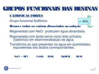 15
04/21/14
CATIONICAS FORTES
Grupo funcional Sulfônico
Remove todos os cátions dissociados na solução
Regenerada com NaCl produzem água abrandada.
Regenerada com ácido serve como leito primário
(catiônico) em desmineralização de água.
Transforma os sais presentes na água em quantidades
equivalentes dos ácidos correspondentes.
NaCl HCl CaSO4 H2SO4 MgHCO3 H2CO3
- SO3
-
H+
Na+
GRUPOS FUNCIONAIS DAS RESINASGRUPOS FUNCIONAIS DAS RESINAS
 
