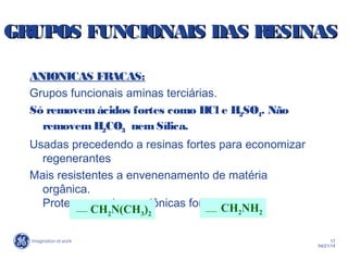17
04/21/14
ANIONICAS FRACAS:
Grupos funcionais aminas terciárias.
Só removemácidos fortes como HCl e H2SO4. Não
removem H2CO3 nemSílica.
Usadas precedendo a resinas fortes para economizar
regenerantes
Mais resistentes a envenenamento de matéria
orgânica.
Protegem resinas aniônicas fortes
CH2N(CH3)2
CH2NH2
GRUPOS FUNCIONAIS DAS RESINASGRUPOS FUNCIONAIS DAS RESINAS
 