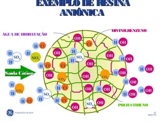 22
04/21/14
EXEMPLODE RESINAEXEMPLODE RESINA
ANIÔNICAANIÔNICA
Mg
Mg
H
DIVINILBENZENO
ÁGUA DE HIDRATAÇÃO
POLIESTIRENO
Saída CátionSaída Cátion
OH
OH
OH
OH
OH
OH
OH
OH
OH
OH
OHSO4
H
H
ClH
SO4
H
H
H
H
CO
3
ClH
ClH
ClH
Cl
Cl
SO4
SO4
CO
3
OH
OH
OHH
OHH
H
H
OHH
CO
3
Cl
H
H
OHH
SiO3
H
H
H
 
