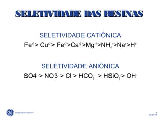 4
04/21/14
SELETIVIDADE DAS RESINASSELETIVIDADE DAS RESINAS
SELETIVIDADE CATIÔNICA
Fe+3
> Cu+2
> Fe+2
>Ca+2
>Mg+2
>NH4
+
>Na+
>H+
SELETIVIDADE ANIÔNICA
SO4- -
> NO3-
> Cl > HCO3
-
> HSiO3
-
> OH-
 