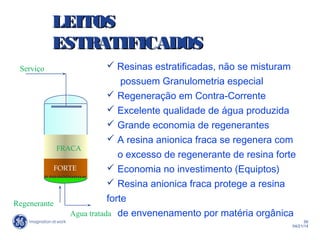 56
04/21/14
Agua tratada
 Resinas estratificadas, não se misturam
possuem Granulometria especial
 Regeneração em Contra-Corrente
 Excelente qualidade de água produzida
 Grande economia de regenerantes
 A resina anionica fraca se regenera com
o excesso de regenerante de resina forte
 Economia no investimento (Equiptos)
 Resina anionica fraca protege a resina
forte
de envenenamento por matéria orgânica
Regenerante
FRACA
FORTE
Serviço
LEITOSLEITOS
ESTRATIFICADOSESTRATIFICADOS
 