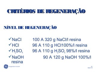 61
04/21/14
CRITÉRIOS DE REGENERAÇÃOCRITÉRIOS DE REGENERAÇÃO
NÍVEL DE REGENERAÇÃO
NaCl 100 A 320 g NaCl/l resina
HCl 96 A 110 g HCl100%/l resina
H2SO4 96 A 110 g H2SO4 98%/l resina
NaOH 90 A 120 g NaOH 100%/l
resina
 