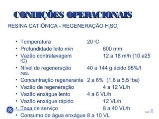 64
04/21/14
RESINA CATIÔNICA - REGENERAÇÃO H2SO4
• Temperatura 20 o
C
• Profundidade leito min 600 mm
• Vazão contralavagem 12 a 18 m/h (10 a25
o
C)
• Nível de regeneração 40 a 144 g ácido 98%/l
res.
• Concentração regenerante 2 a 6% (1,8 a 5,5 o
be)
• Vazão de regeneração 4 a 12 VL/h
• Vazão enxágue lento 4 a 6 VL/h
• Vazão enxágue rápido 12 VL/h
• Taxa de serviço 8 a 40 VL/h
• Consumo de água enxágue 8 a 10 VL
CONDIÇÕES OPERACIONAISCONDIÇÕES OPERACIONAIS
 
