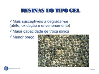 7
04/21/14
RESINAS DO TIPO GELRESINAS DO TIPO GEL
Mais susceptíveis a degradar-se
(atrito, oxidação e envenenamento)
Maior capacidade de troca iônica
Menor preço
 