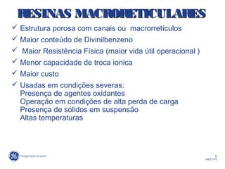 8
04/21/14
 Estrutura porosa com canais ou macrorretículos
 Maior conteúdo de Divinilbenzeno
 Maior Resistência Física (maior vida útil operacional )
 Menor capacidade de troca ionica
 Maior custo
 Usadas em condições severas:
Presença de agentes oxidantes
Operação em condições de alta perda de carga
Presença de sólidos em suspensão
Altas temperaturas
RESINAS MACRORETICULARESRESINAS MACRORETICULARES
 