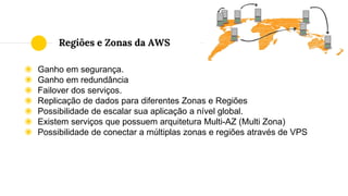 ◉ Ganho em segurança.
◉ Ganho em redundância
◉ Failover dos serviços.
◉ Replicação de dados para diferentes Zonas e Regiões
◉ Possibilidade de escalar sua aplicação a nível global.
◉ Existem serviços que possuem arquitetura Multi-AZ (Multi Zona)
◉ Possibilidade de conectar a múltiplas zonas e regiões através de VPS
Regiões e Zonas da AWS
 
