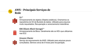 AWS - Principais Serviços de
Rede
S3 *
Armazenamento de objetos (Objetos estáticos). Chamamos os
repositórios do S3 de Buckets de dados. Utilizado para arquivos
muito requisitados. Recuperação e versionamento instantâneo
EBS (Elastic Block Storage) *
Armazenamento de Bloco. Geralmente são os HD’s que utilizamos
nas EC2
Amazon Glacier
Serviço de arquivamento da AWS. Utilizado para arquivos pouco
consultados. Demora cerca de 5 horas para recuperação.
 