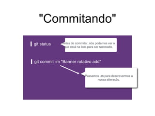 "Commitando"
git status
git commit -m "Banner rotativo add"
Passamos -m para descrevermos a
nossa alteração.
Antes de commitar, nós podemos ver o
que está na lista para ser rastreado.
 