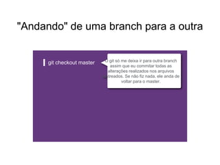 "Andando" de uma branch para a outra
git checkout master O git só me deixa ir para outra branch
assim que eu commitar todas as
alterações realizados nos arquivos
rastreados. Se não fiz nada, ele anda de
voltar para o master.
 