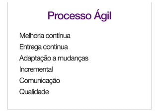 Processo Ágil
Melhoria contínua
Entrega contínua
Adaptação a mudanças
Incremental
Comunicação
Qualidade
 
