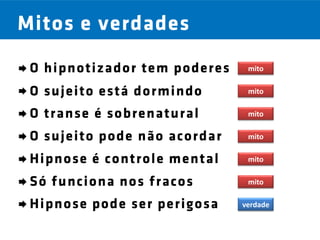 Mitos e verdades
 O hipnotizador tem poderes    mito


 O sujeito está dormindo       mito

 O transe é sobrenatural       mito

 O sujeito pode não acordar    mito

 Hipnose é controle mental     mito

 Só funciona nos fracos        mito

 Hipnose pode ser perigosa    verdade
 
