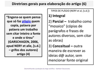 Diretrizes gerais para elaboração do artigo (6)TIPOS DE PLÁGIO (NERY et al, [s.d.]):1) Integral2) Parcial – trabalho como “mosaico” (cópias de parágrafos e frases de autores diversos, sem citar as obras) 3) Conceitual – outra maneira de escrever as ideias d@ autor, sem mencionar fonte original “Engana-se quem pensa que só faz plágio quem copia, palavra por palavra um trabalho sem citar inteiro a fonte e onde o tirou” (GARSCHAGEN, 2006, apud NERY et alie, [s.d.] – grifos dos autores) artigo (4)