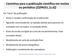 Caminhos para a publicação científica em revista ou periódico (2)(PAOLI, [s.d])Via “sacra” da publicação:Enviar e receber confirmação do recebimentoAguardar comunicado de: a) rejeição (atente para parecer); b) aceitação com correções, c) aceitação direta.Envio da versão corrigida (na carta de encaminhamento, listar correções feitas)Recebimento de carta de aceitação finalRecebimento de provas tipográficasPublicação e recebimento dos exemplares