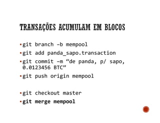 git branch –b mempool
git add panda_sapo.transaction
git commit –m “de panda, p/ sapo,
0.0123456 BTC”
git push origin mempool
git checkout master
git merge mempool
 