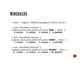 > hash = Digest::SHA256.hexdigest("hello world")
> puts Benchmark.measure {
compute_hash_with_proof_of_work("0000", hash) }
0.040000 0.000000 0.040000 ( 0.044949)
> puts Benchmark.measure {
compute_hash_with_proof_of_work("00000", hash) }
1.030000 0.000000 1.030000 ( 1.047740)
> puts Benchmark.measure {
compute_hash_with_proof_of_work("000000", hash) }
42.920000 0.040000 42.960000 ( 43.642561)
 
