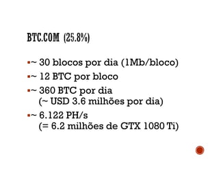 ~ 30 blocos por dia (1Mb/bloco)
~ 12 BTC por bloco
~ 360 BTC por dia
(~ USD 3.6 milhões por dia)
~ 6.122 PH/s
(= 6.2 milhões de GTX 1080 Ti)
 