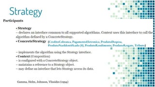 Strategy
(CreditoCobranca, PagamentoEletronico, ProdutoDespesa,
ProdutoNaoIdentificado (8), ProdutoRendimento, ProdutoResgate, Tributo)
Gamma, Helm, Johnson, Vlissides (1994)
 