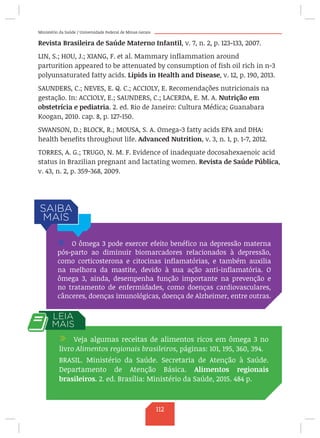 Ministério da Saúde / Universidade Federal de Minas Gerais
Revista Brasileira de Saúde Materno Infantil, v. 7, n. 2, p. 123-133, 2007.
LIN, S.; HOU, J.; XIANG, F. et al. Mammary inflammation around
parturition appeared to be attenuated by consumption of fish oil rich in n-3
polyunsaturated fatty acids. Lipids in Health and Disease, v. 12, p. 190, 2013.
SAUNDERS, C.; NEVES, E. Q. C.; ACCIOLY, E. Recomendações nutricionais na
gestação. In: ACCIOLY, E.; SAUNDERS, C.; LACERDA, E. M. A. Nutrição em
obstetrícia e pediatria. 2. ed. Rio de Janeiro: Cultura Médica; Guanabara
Koogan, 2010. cap. 8, p. 127-150.
SWANSON, D.; BLOCK, R.; MOUSA, S. A. Omega-3 fatty acids EPA and DHA:
health benefits throughout life. Advanced Nutrition, v. 3, n. 1, p. 1-7, 2012.
TORRES, A. G.; TRUGO, N. M. F. Evidence of inadequate docosahexaenoic acid
status in Brazilian pregnant and lactating women. Revista de Saúde Pública,
v. 43, n. 2, p. 359-368, 2009.
/ O ômega 3 pode exercer efeito benéfico na depressão materna
pós-parto ao diminuir biomarcadores relacionados à depressão,
como corticosterona e citocinas inflamatórias, e também auxilia
na melhora da mastite, devido à sua ação anti-inflamatória. O
ômega 3, ainda, desempenha função importante na prevenção e
no tratamento de enfermidades, como doenças cardiovasculares,
cânceres, doenças imunológicas, doença de Alzheimer, entre outras.
/ Veja algumas receitas de alimentos ricos em ômega 3 no
livro Alimentos regionais brasileiros, páginas: 101, 195, 360, 394.
BRASIL. Ministério da Saúde. Secretaria de Atenção à Saúde.
Departamento de Atenção Básica. Alimentos regionais
brasileiros. 2. ed. Brasília: Ministério da Saúde, 2015. 484 p.
112
 