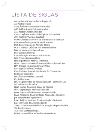 LISTA DE SIGLAS
Acessulfame-k: Acessulfame de potássio
AG: Ácidos Graxos
AGM: Ácidos Graxos Monoinsaturados
AGP: Ácidos Graxos Poli-Insaturados
AGS: Ácidos Graxos Saturados
Anvisa: Agência Nacional de Vigilância Sanitária
AVC: Acidente Vascular Cerebral
CGAN: Coordenação-Geral de Alimentação e Nutrição
CRN: Conselho Regional de Nutricionistas
DAB: Departamento de Atenção Básica
DCNT: Doenças Crônicas Não Transmissíveis
DNA: Ácido desoxirribonucleico
DM: Diabetes mellitus
EAN: Educação Alimentar e Nutricional
FOS: Fruto-oligossacarídeos
HAS: Hipertensão Arterial Sistêmica
HDL-c: Lipoproteína de alta densidade – colesterol HDL
HIV: Human Immunodeficiency Virus
IDA: Ingestão Diária Aceitável
Idec: Instituto Brasileiro de Defesa do Consumidor
IG: Índice Glicêmico
IMC: Índice de Massa Corporal
Kg: Quilograma
LDL-c: Lipoproteína de baixa densidade – colesterol LDL
MS: Ministério da Saúde
Nasf: Núcleo de Apoio à Saúde da Família
OMS: Organização Mundial da Saúde
Opas: Organização Pan-Americana da Saúde
PAAS: Programa de Alimentação Adequada e Saudável
pH: Potencial Hidrogeniônico
Pnan: Política Nacional de Alimentação e Nutrição
SAS: Secretaria de Atenção à Saúde
TDAH: Transtornos do Déficit de Atenção e Hiperatividade
TG: Triglicerídeos
TGI: Trato Gastrointestinal
UFMG: Universidade Federal de Minas Gerais
 