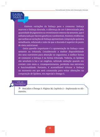 Desmistificando Dúvidas sobre Alimentação e Nutrição
/ Existem variações da linhaça para o consumo: linhaça
marrom e linhaça dourada. A diferença de cor é determinada pela
quantidade de pigmentos no revestimento externo da semente, que é
influenciada por fatores genéticos e ambientais. Existem evidências
que ambas as variações de linhaça apresentam composição química
semelhante, refutando o mito de que a dourada é superior do ponto
de vista nutricional.
/ Outra questão importante é a apresentação da linhaça como
semente ou triturada. Considerando a melhor disponibilidade
dos seus nutrientes para absorção no organismo, a melhor forma
de consumir a linhaça é na forma triturada. Todavia, os lipídeos
são sensíveis à luz e ao oxigênio, sofrendo oxidação quando em
contato com estes e, consequentemente, perdendo sua estrutura
e funcionalidade. Portanto, é aconselhável triturar a linhaça
no momento em que será consumida para evitar alterações na
composição de lipídeos, em especial o ômega-3.
/ Pescados e Ômega 3: Página 58, Capítulo 2 – Explorando os Ali-
mentos.
63
 