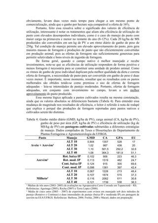 obviamente, levam duas vezes mais tempo para chegar a um mesmo ponto de
comercialização, ainda que o ganho por hectare seja comparável a oferta de 16%.
Portanto, feito essa ressalva sobre o significado dos valores de eficiência de
utilização, interessante é notar os tratamentos que aliam alta eficiência de utilização do
pasto com elevados desempenhos individuais, como é o caso do manejo do pasto com
maior carga na primavera e menor no restante do ano (8-12%). Cada 20 kg/ha de MS
produzidos são convertidos em um kg de PV a um ritmo diário de ganho de peso de
250g. Tal condição de manejo permite um elevado aproveitamento do pasto, pois gera
maiores massas de forragem e produções de pasto que são eficientemente convertidas
em produção animal, pois as ofertas de forragem são suficientemente generosas para
permitir seletividade e bons níveis de ingestão de forragem.
De forma geral, quando o campo nativo é melhor manejado e recebe
investimentos, note-se que as eficiências de utilização respondem de forma positiva e
menos forragem é necessária para se constituir uma unidade de produto animal. Como
os ritmos de ganho de peso individual duplicam pela melhor qualidade da dieta e correta
oferta de forragem, a necessidade de pasto para ser convertido em ganho de peso é duas
vezes menor. È importante, nesse momento, ressaltar que os resultados com os pastos
melhorados são obtidos tendo-se como premissa o uso de ofertas de forragem
adequadas – leia-se intensidades de pastejo moderadas. Portanto, ofertas de forragem
adequadas, em conjunto com investimento no campo, levam a um melhor
aproveitamento do pasto produzido.
Essa mesma lógica aplicada a pastos cultivados resulta na mesma constatação,
ainda que os valores absolutos se diferenciem bastante (Tabela 4). Para entender essa
mudança de magnitude nos resultados de eficiência, o leitor é referido à nota de rodapé
que explica o porquê das produções de forragem reportadas para pastos nativos e
cultivados serem tão distintas.
Tabela 4: Ganho médio diário (GMD, kg/ha de PV), carga animal (CA, kg/ha de PV),
ganho de peso por área (GP, kg/ha de PV) e eficiência de utilização (kg de
MS/kg de PV) em pastagens cultivadas submetidas a diferentes estratégias
de manejo. Dados compilados de Teses e Dissertações do Departamento de
Plantas Forrageiras e Agrometeorologia da UFRGS.
Pasto Manejo GMD CA GPA EU
Aveia + Azevém¹
ALT 10 0,844 1357 528 17
ALT 20 1,02 987 438 20
ALT 30 1,10 581,5 292,2 32,6
ALT 40 1,08 364,3 181,9 51,1
Azevém²
Rot. baixa IP 0,102 906 223 46,3
Rot. mod. IP 0,113 1519 462 24,7
Cont. baixa IP 0,124 915 305 69,6
Cont. mod. IP 0,098 1361 397 42,4
Milheto³
ALT 10 0,067 1228 213 48,4
ALT 20 0,107 1874 515 37,3
ALT 30 0,116 2062 611 30,8
ALT 40 0,121 1739 538 38,3
¹ Médias de três anos (2003- 2005) de avaliações na Agropecuária Cerro Coroado em Tupanciretã – RS.
Referências: Aguinaga (2005); Rocha (2007) e Terra Lopez (2008).
² Média de cinco anos (2003 – 2007) de experimentos com ovinos em manejado sob dois métodos de
pastejo (Rotativo e Contínuo) e duas intensidades de pastejo (baixa IP e moderada IP) em pastagem de
azevém na EEA/UFRGS. Referências: Barbosa, 2006; Freitas, 2008 e Macari, dados em preparação.
 