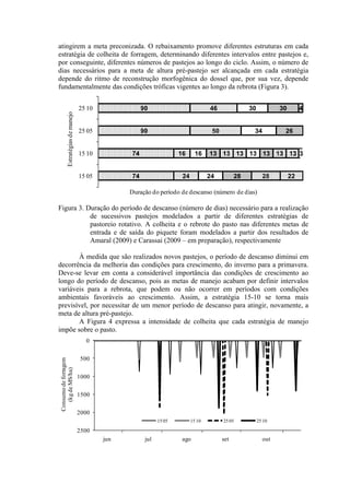 atingirem a meta preconizada. O rebaixamento promove diferentes estruturas em cada
estratégia de colheita de forragem, determinando diferentes intervalos entre pastejos e,
por conseguinte, diferentes números de pastejos ao longo do ciclo. Assim, o número de
dias necessários para a meta de altura pré-pastejo ser alcançada em cada estratégia
depende do ritmo de reconstrução morfogênica do dossel que, por sua vez, depende
fundamentalmente das condições tróficas vigentes ao longo da rebrota (Figura 3).
74
74
90
90
24
16
50
46
24
16
34
30
28
13
26
30
28
13
4
22
13 13 13 13 13 3
15 05
15 10
25 05
25 10
Duração do período de descanso (número de dias)
Estratégiasdemanejo
Figura 3. Duração do período de descanso (número de dias) necessário para a realização
de sucessivos pastejos modelados a partir de diferentes estratégias de
pastoreio rotativo. A colheita e o rebrote do pasto nas diferentes metas de
entrada e de saída do piquete foram modelados a partir dos resultados de
Amaral (2009) e Carassai (2009 – em preparação), respectivamente
À medida que são realizados novos pastejos, o período de descanso diminui em
decorrência da melhoria das condições para crescimento, do inverno para a primavera.
Deve-se levar em conta a considerável importância das condições de crescimento ao
longo do período de descanso, pois as metas de manejo acabam por definir intervalos
variáveis para a rebrota, que podem ou não ocorrer em períodos com condições
ambientais favoráveis ao crescimento. Assim, a estratégia 15-10 se torna mais
previsível, por necessitar de um menor período de descanso para atingir, novamente, a
meta de altura pré-pastejo.
A Figura 4 expressa a intensidade de colheita que cada estratégia de manejo
impõe sobre o pasto.
0
500
1000
1500
2000
2500
jun jul ago set out
Consumodeforragem
(kgdeMS/ha)
15 05 15 10 25 05 25 10
 