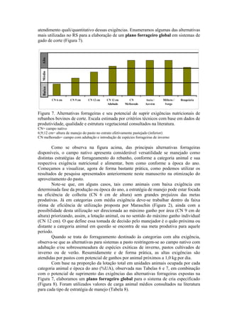 atendimento quali/quantitativo dessas exigências. Enumeramos algumas das alternativas
mais utilizadas no RS para a elaboração de um plano forrageiro global em sistemas de
gado de corte (Figura 7).
Figura 7. Alternativas forrageiras e seu potencial de suprir exigências nutricionais de
rebanhos bovinos de corte. Escala estimada por critérios técnicos com base em dados de
produtividade, qualidade e estrutura vegetacional consultados na literatura.
CN= campo nativo
6;9;12 cm= altura de manejo do pasto no estrato efetivamente pastejado (inferior)
CN melhorado= campo com adubação e introdução de espécies forrageiras de inverno
Como se observa na figura acima, das principais alternativas forrageiras
disponíveis, o campo nativo apresenta considerável versatilidade se manejado como
distintas estratégias de forrageamento do rebanho, conforme a categoria animal e sua
respectiva exigência nutricional e alimentar, bem como conforme a época do ano.
Começamos a visualizar, agora de forma bastante prática, como podemos utilizar os
resultados de pesquisa apresentados anteriormente neste manuscrito na otimização do
aproveitamento do pasto.
Note-se que, em alguns casos, tais como animais com baixa exigência em
determinada fase da produção ou época do ano, a estratégia de manejo pode estar focada
na eficiência de colheita (CN 6 cm de altura) sem grandes prejuízos das metas
produtivas. Já em categorias com média exigência deve-se trabalhar dentro da faixa
ótima de eficiência de utilização proposta por Maraschin (Figura 2), ainda com a
possibilidade desta utilização ser direcionada ao máximo ganho por área (CN 9 cm de
altura) priorizando, assim, a lotação animal, ou no sentido do máximo ganho individual
(CN 12 cm). O que define essa tomada de decisão pelo manejador é o quão próxima ou
distante a categoria animal em questão se encontra de sua meta produtiva para aquele
período.
Quando se trata do forrageamento destinado às categorias com alta exigência,
observa-se que as alternativas para sistemas a pasto restringem-se ao campo nativo com
adubação e/ou sobressemeadura de espécies exóticas de inverno, pastos cultivados de
inverno ou de verão. Resumidamente e de forma prática, as altas exigências são
atendidas por pastos com potencial de ganhos por animal próximos a 1,0 kg por dia.
Com base na proporção da lotação total em unidades animais ocupada por cada
categoria animal e época do ano (%UA), observada nas Tabelas 6 e 7, em combinação
com o potencial de suprimento das exigências das alternativas forrageiras expostas na
Figura 7, elaboramos um plano forrageiro global para o sistema de cria especificado
(Figura 8). Foram utilizados valores de carga animal médios consultados na literatura
para cada tipo de estratégia de manejo (Tabela 8).
0
0,5
1
1,5
2
2,5
3
3,5
CN 6 cm CN 9 cm CN 12 cm CN 12 cm
Adubado
CN
Melhorado
Aveia /
Azevém
Milheto /
Sorgo
Braquiária
AltoMédioBaixo
 