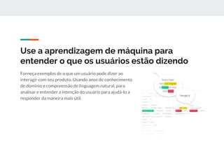 Use a aprendizagem de máquina para
entender o que os usuários estão dizendo
Forneça exemplos de o que um usuário pode dizer ao
interagir com seu produto. Usando anos de conhecimento
de domínio e compreensão de linguagem natural, para
analisar e entender a intenção do usuário para ajudá-lo a
responder da maneira mais útil.
 