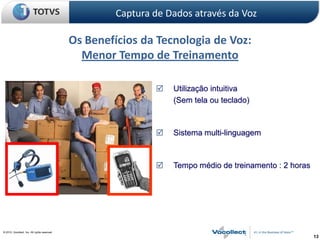 Captura de Dados através da Voz

                                               Os Benefícios da Tecnologia de Voz:
                                                 Menor Tempo de Treinamento

                                                                   Utilização intuitiva
                                                                    (Sem tela ou teclado)



                                                                   Sistema multi-linguagem



                                                                   Tempo médio de treinamento : 2 horas




© 2010, Vocollect, Inc. All rights reserved.
                                                                                                           13
 