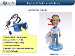 Captura de Dados através da Voz

                                               Como funciona?




          Intel® 416 MHz PXA270 XScale®
          Microsoft® Windows® CE
          Radio Firmware (802.11b/g)
          TTS (Text-to-Speech)
          Vocollect Voice™ (Reconhecedor de Voz)
          “Task” (Aplicação)
© 2010, Vocollect, Inc. All rights reserved.
                                                                                 5
 