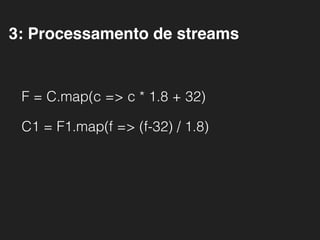 3: Processamento de streams
F = C.map(c => c * 1.8 + 32)
C1 = F1.map(f => (f-32) / 1.8)
 
