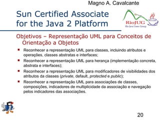 Magno A. Cavalcante
20
Sun Certified Associate
for the Java 2 Platform
 Reconhecer a representação UML para classes, incluindo atributos e
operações, classes abstratas e interfaces;
 Reconhecer a representação UML para herança (implementação concreta,
abstrata e interfaces);
 Reconhecer a representação UML para modificadores de visibilidades dos
atributos da classes (private, default, protected e public);
 Reconhecer a representação UML para associações de classes,
composições, indicadores de multiplicidade da associação e navegação
pelos indicadores das associações.
Objetivos – Representação UML para Conceitos de
Orientação a Objetos
 