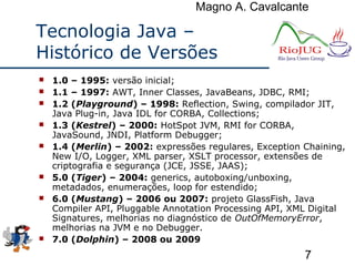 Magno A. Cavalcante
7
Tecnologia Java –
Histórico de Versões
 1.0 – 1995: versão inicial;
 1.1 – 1997: AWT, Inner Classes, JavaBeans, JDBC, RMI;
 1.2 (Playground) – 1998: Reflection, Swing, compilador JIT,
Java Plug-in, Java IDL for CORBA, Collections;
 1.3 (Kestrel) – 2000: HotSpot JVM, RMI for CORBA,
JavaSound, JNDI, Platform Debugger;
 1.4 (Merlin) – 2002: expressões regulares, Exception Chaining,
New I/O, Logger, XML parser, XSLT processor, extensões de
criptografia e segurança (JCE, JSSE, JAAS);
 5.0 (Tiger) – 2004: generics, autoboxing/unboxing,
metadados, enumerações, loop for estendido;
 6.0 (Mustang) – 2006 ou 2007: projeto GlassFish, Java
Compiler API, Pluggable Annotation Processing API, XML Digital
Signatures, melhorias no diagnóstico de OutOfMemoryError,
melhorias na JVM e no Debugger.
 7.0 (Dolphin) – 2008 ou 2009
 