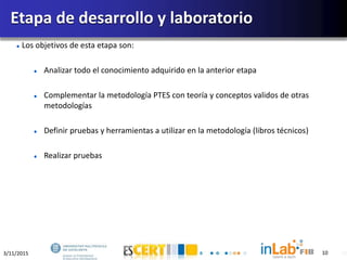 3/11/2015 10
Los objetivos de esta etapa son:
Analizar todo el conocimiento adquirido en la anterior etapa
Complementar la metodología PTES con teoría y conceptos validos de otras
metodologías
Definir pruebas y herramientas a utilizar en la metodología (libros técnicos)
Realizar pruebas
Etapa de desarrollo y laboratorio
10
 