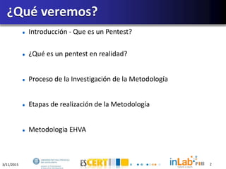 3/11/2015 2
Introducción - Que es un Pentest?
¿Qué es un pentest en realidad?
Proceso de la Investigación de la Metodología
Etapas de realización de la Metodología
Metodologia EHVA
¿Qué veremos?
 