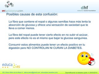 La fibra que contiene el nopal o algunas semillas hace más lenta la absorción de glucosa y ofrece una sensación de saciedad que te lleva a comer menos. La fibra del nopal puede tener cierto efecto en no subir el azúcar, pero este efecto no es el mismo que bajar la glucosa sanguínea. Consumir estos alimentos puede tener un efecto positivo en tu digestión pero NO CONTROLAN NI CURAN LA DIABETES. Posibles causas de esta confusión: 