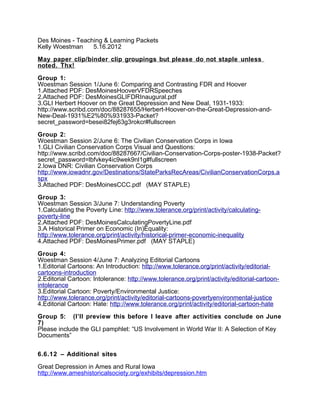 Des Moines - Teaching & Learning Packets
Kelly Woestman    5.16.2012

May paper clip/binder clip groupings but please do not staple unless
noted. Thx!

Group 1:
Woestman Session 1/June 6: Comparing and Contrasting FDR and Hoover
1.Attached PDF: DesMoinesHooverVFDRSpeeches
2.Attached PDF: DesMoinesGLIFDRInaugural.pdf
3.GLI Herbert Hoover on the Great Depression and New Deal, 1931-1933:
http://www.scribd.com/doc/88287655/Herbert-Hoover-on-the-Great-Depression-and-
New-Deal-1931%E2%80%931933-Packet?
secret_password=besei82fej63g3rokcr#fullscreen

Group 2:
Woestman Session 2/June 6: The Civilian Conservation Corps in Iowa
1.GLI Civilian Conservation Corps Visual and Questions:
http://www.scribd.com/doc/88287667/Civilian-Conservation-Corps-poster-1938-Packet?
secret_password=lbfvkey4ic9wek9nl1g#fullscreen
2.Iowa DNR: Civilian Conservation Corps
http://www.iowadnr.gov/Destinations/StateParksRecAreas/CivilianConservationCorps.a
spx
3.Attached PDF: DesMoinesCCC.pdf (MAY STAPLE)

Group 3:
Woestman Session 3/June 7: Understanding Poverty
1.Calculating the Poverty Line: http://www.tolerance.org/print/activity/calculating-
poverty-line
2.Attached PDF: DesMoinesCalculatingPovertyLine.pdf
3.A Historical Primer on Economic (In)Equality:
http://www.tolerance.org/print/activity/historical-primer-economic-inequality
4.Attached PDF: DesMoinesPrimer.pdf (MAY STAPLE)

Group 4:
Woestman Session 4/June 7: Analyzing Editorial Cartoons
1.Editorial Cartoons: An Introduction: http://www.tolerance.org/print/activity/editorial-
cartoons-introduction
2.Editorial Cartoon: Intolerance: http://www.tolerance.org/print/activity/editorial-cartoon-
intolerance
3.Editorial Cartoon: Poverty/Environmental Justice:
http://www.tolerance.org/print/activity/editorial-cartoons-povertyenvironmental-justice
4.Editorial Cartoon: Hate: http://www.tolerance.org/print/activity/editorial-cartoon-hate

Group 5: (I’ll preview this before I leave after activities conclude on June
7)
Please include the GLI pamphlet: “US Involvement in World War II: A Selection of Key
Documents”


6.6.12 – Additional sites

Great Depression in Ames and Rural Iowa
http://www.ameshistoricalsociety.org/exhibits/depression.htm
 