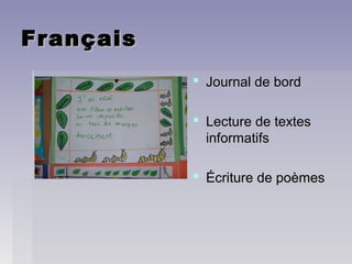 FrançaisFrançais
 Journal de bordJournal de bord
 Lecture de textesLecture de textes
informatifsinformatifs
 Écriture de poèmesÉcriture de poèmes
 