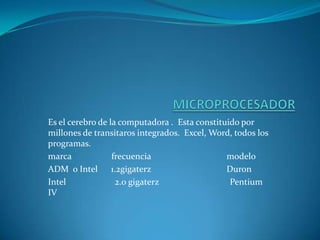 MICROPROCESADOREs el cerebro de la computadora .  Esta constituido por millones de transitaros integrados.  Excel, Word, todos los programas.marca                  frecuencia                                  modeloADM  o Intel      1.2gigaterz                                  DuronIntel                      2.0 gigaterz                                Pentium  IV