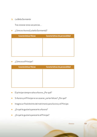 3. La Bella Durmiente
Tras visionar estas secuencias…
■ ¿Cómo es Aurora (La bella Durmiente)?
■ ¿Cómo es el Príncipe?
■ El príncipe siempre salva a Aurora. ¿Por qué?
■ Si Aurora y el Príncipe no se casaran ¿serían felices? ¿Por qué?
■ Imagina un ﬁnal distinto del matrimonio para Aurora y el Príncipe.
■ ¿En qué te gustaría parecerte a Aurora?
■ ¿En qué te gustaría parecerte al Príncipe?
Anexos 101
Características ﬁsicas Características de personalidad
Características ﬁsicas Características de personalidad
 
