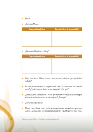 9. Mulan
■ ¿Cómo es Mulan?
■ ¿Cómo es el Capitán Li-Sang?
■ Como has visto, Mulan es una chica un poco rebelde, ¿en qué lo has
notado?
■ En una de las secuencias un personaje dice: “es una mujer, nuca valdrá
nada”. ¿Estás de acuerdo con esa expresión? ¿Por qué?
■ ¿Creesquelaschicastieneavecesquedemostrarmásqueloschicospor
el simple hecho de haber nacido mujeres? ¿Por qué?
■ ¿Conoces algún caso?
■ Mulan, después de tanto luchar y convertirse en una valiente guerrera
vuelveasucasaparaserlaesposadelCapitán.¿Quétepareceesteﬁnal?
Desmontando a Disney: hacia el cuento coeducativo112
Características ﬁsicas Características de personalidad
Características ﬁsicas Características de personalidad
 