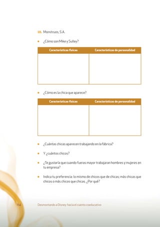 10. Monstruos, S.A.
■ ¿Cómo son Mike y Sulley?
■ ¿Cómo es la chica que aparece?
■ ¿Cuántas chicas aparecen trabajando en la fábrica?
■ Y¿cuántos chicos?
■ ¿Te gustaría que cuando fueras mayor trabajaran hombres y mujeres en
tu empresa?
■ Indica tu preferencia: lo mismo de chicos que de chicas; más chicas que
chicos o más chicos que chicas. ¿Por qué?
Desmontando a Disney: hacia el cuento coeducativo114
Características ﬁsicas Características de personalidad
Características ﬁsicas Características de personalidad
 