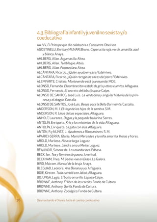 Desmontando a Disney: hacia el cuento coeducativo76
4.3.Bibliografíainfantilyjuvenilnosexistay/o
coeducativa
AA.VV. El Príncipe que dio calabazas a Cenicienta. Obelisco
AGOSTINELLI, Enrica y MUNARI,Bruno. Caperucitaroja,verde,amarilla,azul
y blanca. Anaya.
AHLBERG, Allan. Argamasilla. Altea.
AHLBERG, Allan. Tembleque. Altea.
AHLBERG, Allan. Fuenteclara. Altea
ALCÁNTARA, Ricardo. ¿Quién ayuda en casa? Edelvives.
ALCÁNTARA, Ricardo. ¿Quién recoge las cacas del perro? Edelvives.
ALEMPARTE, Cristina. Monteverde está que muerde. MDE.
ALONSO,Fernando.Elhombrecitovestidodegrisyotroscuentos.Alfaguara.
ALONSO, Fernando. El secreto del lobo. Espasa-Calpe.
ALONSO DE SANTOS, José Luís. La verdadera y singular historia de la prin-
cesa y el dragón. Castalia
ALONSO DE SANTOS, José Luís. Besos para la Bella Durmiente. Castalia.
ANDERSON, M. J. El viaje de los hijos de la sombra. S.M.
ANDERSON, R. Unos chicos especiales. Alfaguara.
ANHOLT, Laurence. Degas y la pequeña bailarina. Serres.
ANTOLÍN, Enriqueta. Kris y los misterios de la vida. Alfaguara.
ANTOLÍN, Enriqueta. La gata con alas. Alfaguara.
ANTÓN, R y NÚÑEZ, L. Ayudemos a Blancanieves. S. M.
APARICI-SERRA, Gloria. Mamá Mercedes y la niña amarilla. Horas y horas.
AROLD, Marliese. Nina se larga. Loguez.
AROLD, Marliese. Sandra ama a Meike. Loguez.
BEAUVOIR, Simone de. Los mandarines. Edhasa.
BECK, Ian. Tea yTom van de paseo. Juventud.
BECKHAM,Thea. Mi padre vive en Brasil. La Galera.
BIRD, Malcom. Manual de la bruja. Anaya.
BLEGUAD, Leonore. Ana Banana y yo. Alfaguara.
BOIE, Kirsten. Todo cambió con Jakob. Alfaguara.
BOJUNGA, Lygia. El bolso amarillo. Espasa-Calpe.
BROWNE, Anthony. El libro de los cerdos. Fondo de Cultura.
BROWNE, Anthony. Gorila. Fondo de Cultura.
BROWNE, Anthony. Zoológico. Fondo de Cultura.
 
