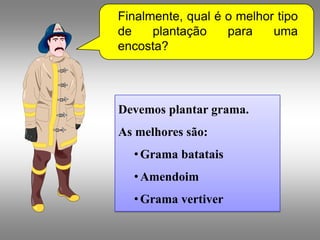 Finalmente, qual é o melhor tipo
de    plantação    para    uma
encosta?




Devemos plantar grama.
As melhores são:
  • Grama batatais
  • Amendoim
  • Grama vertiver
 