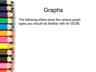 Graphs
The following slides show the various graph
types you should be familiar with for GCSE.
 
