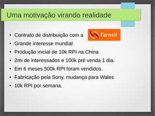 Uma motivação virando realidade
● Contrato de distribuição com a
● Grande interesse mundial
● Produção inicial de 10k RPI na China
● 2mi de interessados e 100k pré venda 1 dia.
● Em 6 meses 500k RPI foram vendidos.
● Fabricação pela Sony, mudança para Wales
● 10k RPI por semana.
 