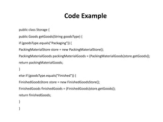 public class Storage {
public Goods getGoods(String goodsType) {
if (goodsType.equals("Packaging")) {
PackingMaterialStore store = new PackingMaterialStore();
PackingMaterialGoods packingMaterialGoods = (PackingMaterialGoods)store.getGoods();
return packingMaterialGoods;
}
else if (goodsType.equals("Finished")) {
FinishedGoodsStore store = new FinishedGoodsStore();
FinishedGoods finishedGoods = (FinishedGoods)store.getGoods();
return finishedGoods;
}
}
Code Example
 